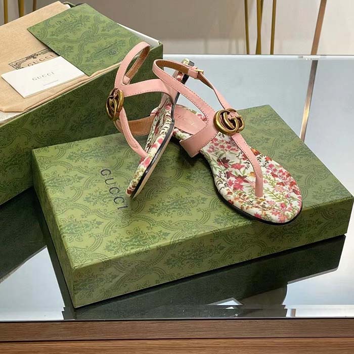Gucci Women GG Double G Thong Sandal Pink Leather Flat 0.5 CM Heel (9)