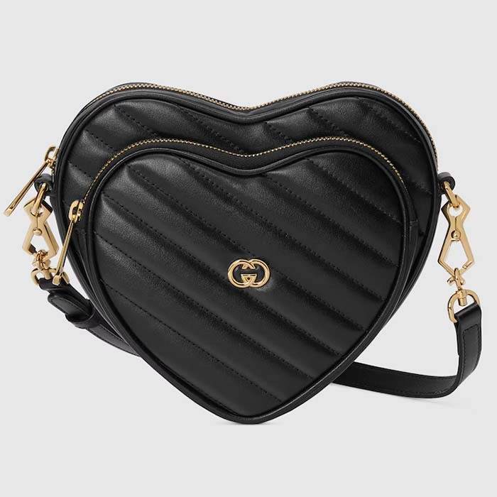 Gucci Women GG Interlocking G Mini Heart Shoulder Bag Black Diagonal Matelassé Leather