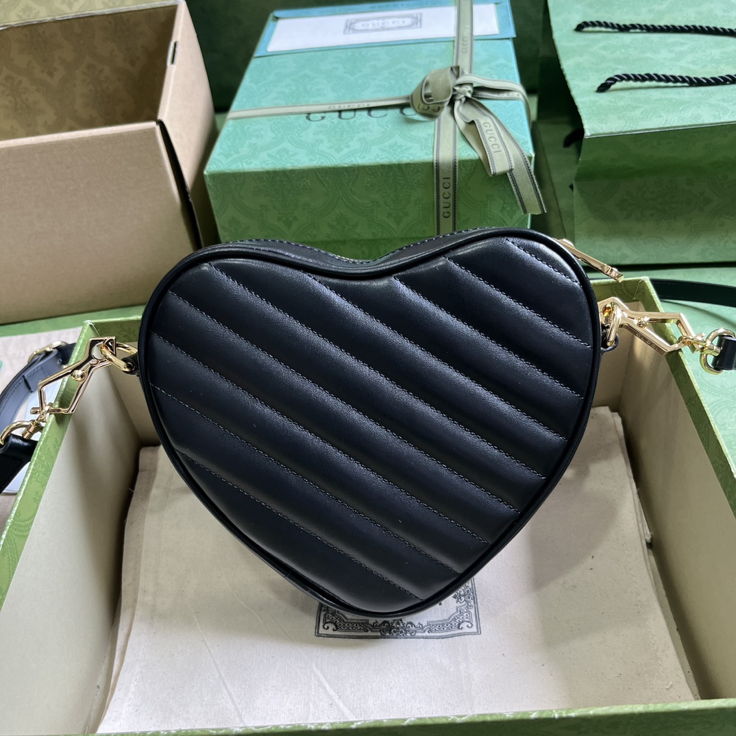 Gucci Women GG Interlocking G Mini Heart Shoulder Bag Black Diagonal Matelassé Leather (5)