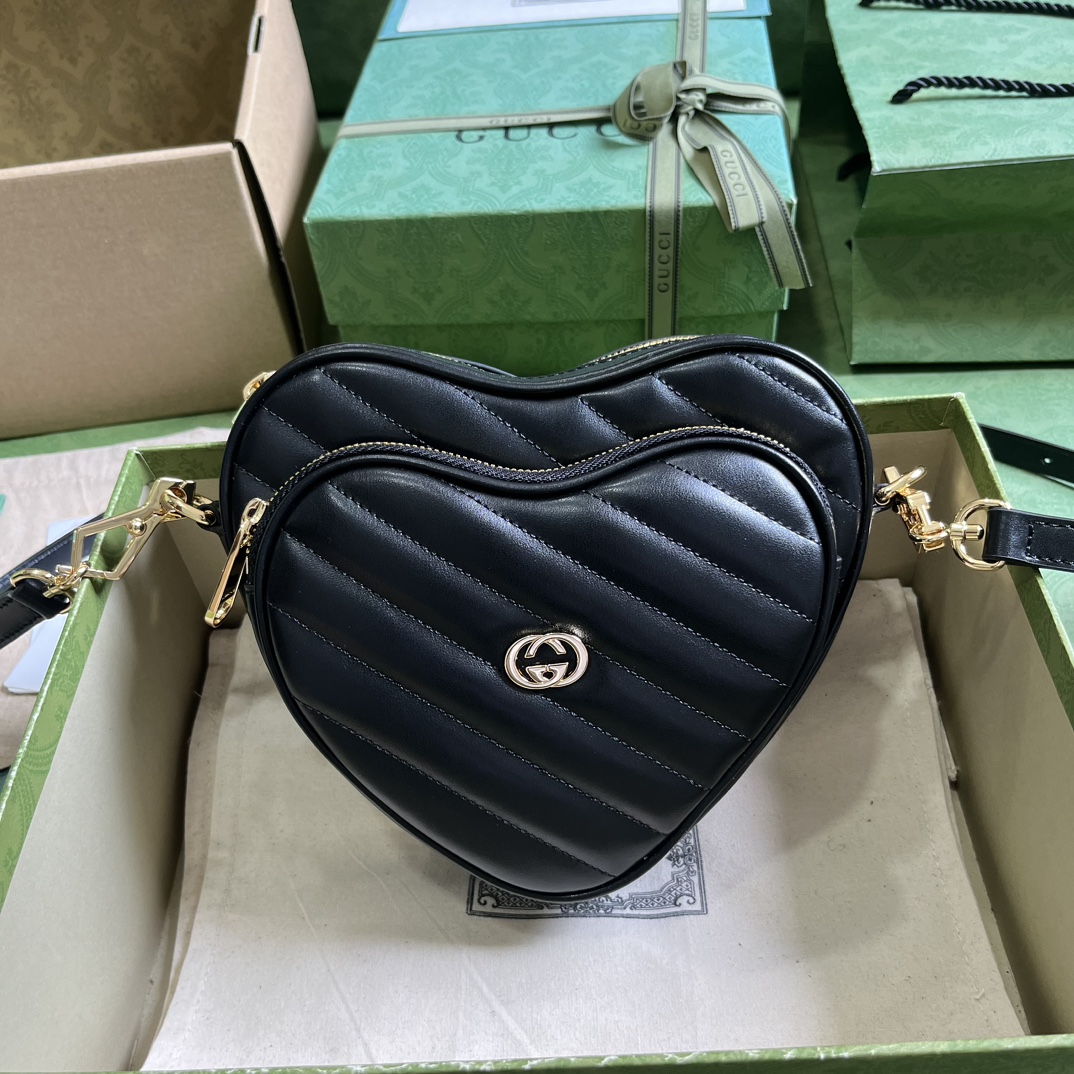 Gucci Women GG Interlocking G Mini Heart Shoulder Bag Black Diagonal Matelassé Leather (6)
