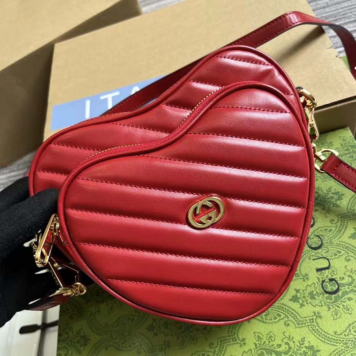 Gucci Women GG Interlocking G Mini Heart Shoulder Bag Red Diagonal Matelassé Leather (4)