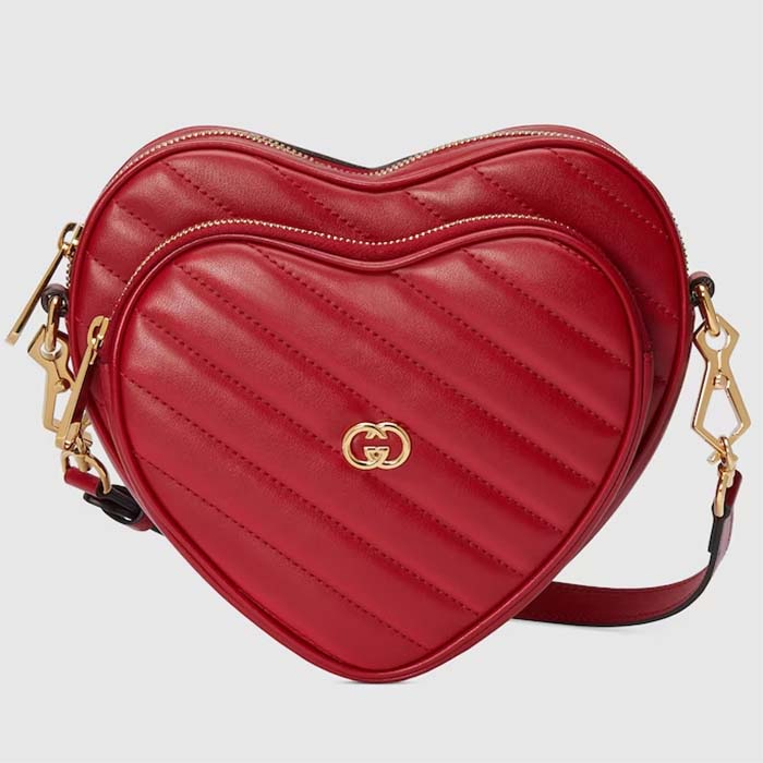 Gucci Women GG Interlocking G Mini Heart Shoulder Bag Red Diagonal Matelassé Leather