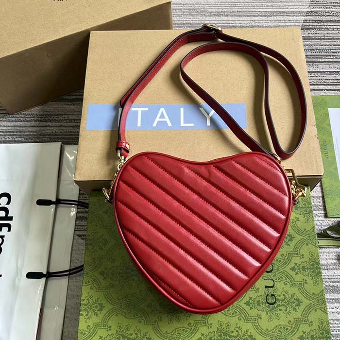 Gucci Women GG Interlocking G Mini Heart Shoulder Bag Red Diagonal Matelassé Leather (7)