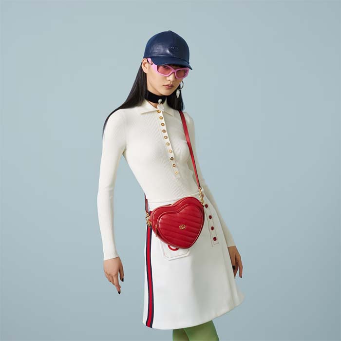 Gucci Women GG Interlocking G Mini Heart Shoulder Bag Red Diagonal Matelassé Leather (8)