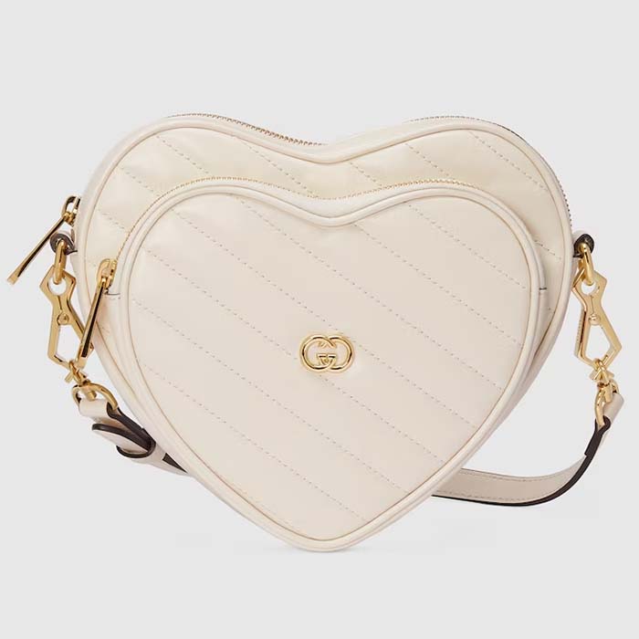 Gucci Women GG Interlocking G Mini Heart Shoulder Bag White Diagonal Matelassé Leather