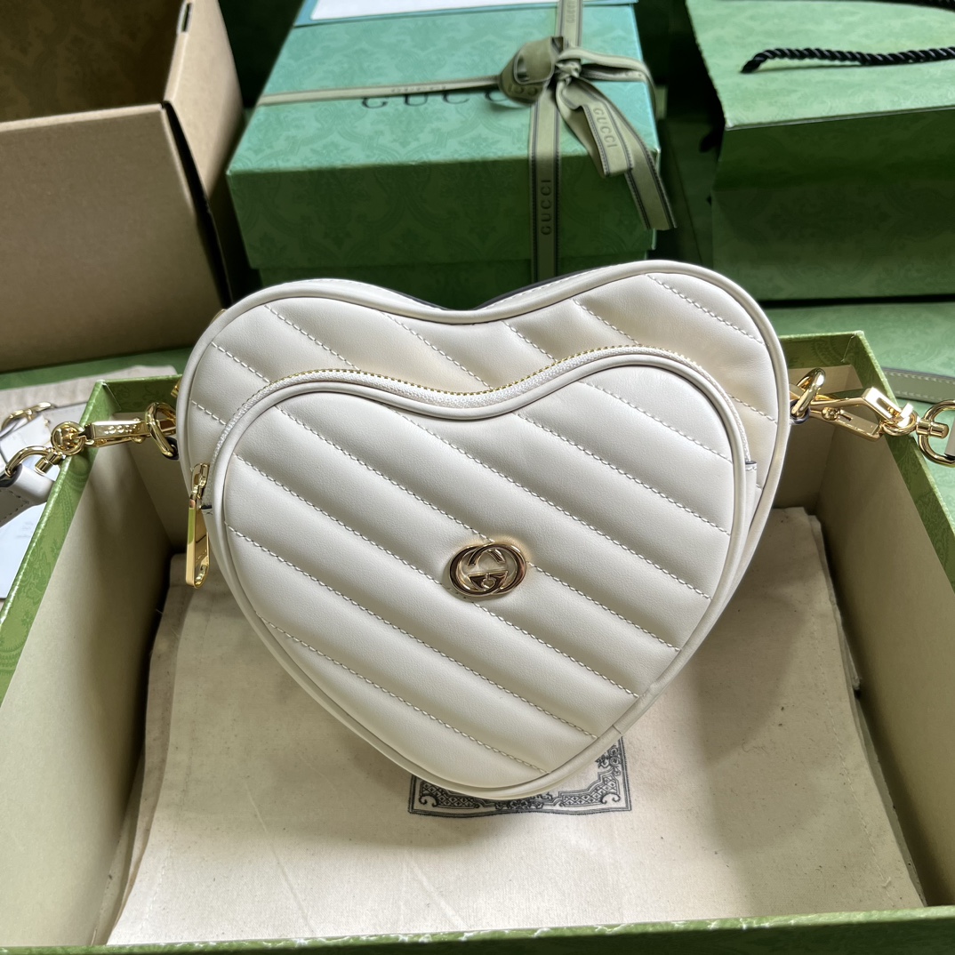 Gucci Women GG Interlocking G Mini Heart Shoulder Bag White Diagonal Matelassé Leather (5)