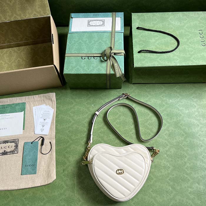 Gucci Women GG Interlocking G Mini Heart Shoulder Bag White Diagonal Matelassé Leather (8)