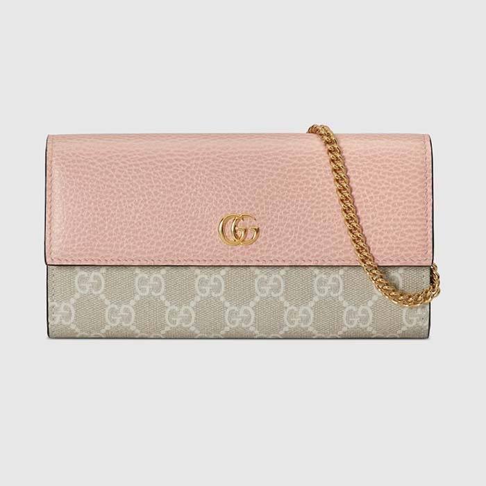 Gucci Women GG Marmont Chain Wallet Beige White GG Supreme Canvas Pink Leather