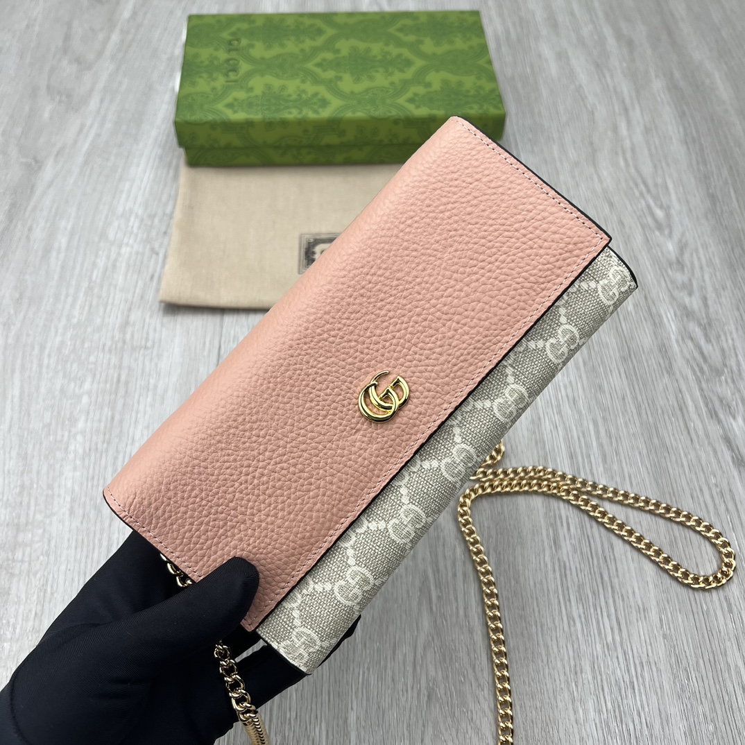 Gucci Women GG Marmont Chain Wallet Beige White GG Supreme Canvas Pink Leather (6)
