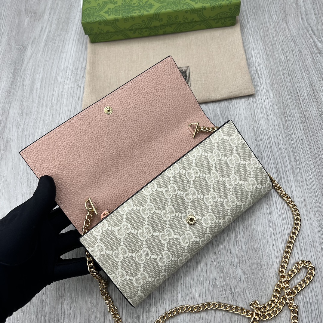 Gucci Women GG Marmont Chain Wallet Beige White GG Supreme Canvas Pink Leather (7)