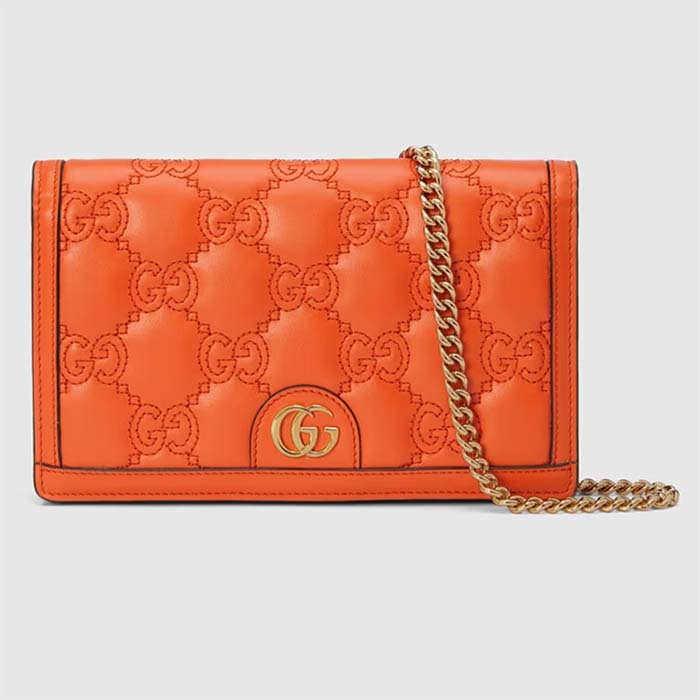 Gucci Women GG Matelassé Chain Wallet Orange Leather Double G Chain Strap
