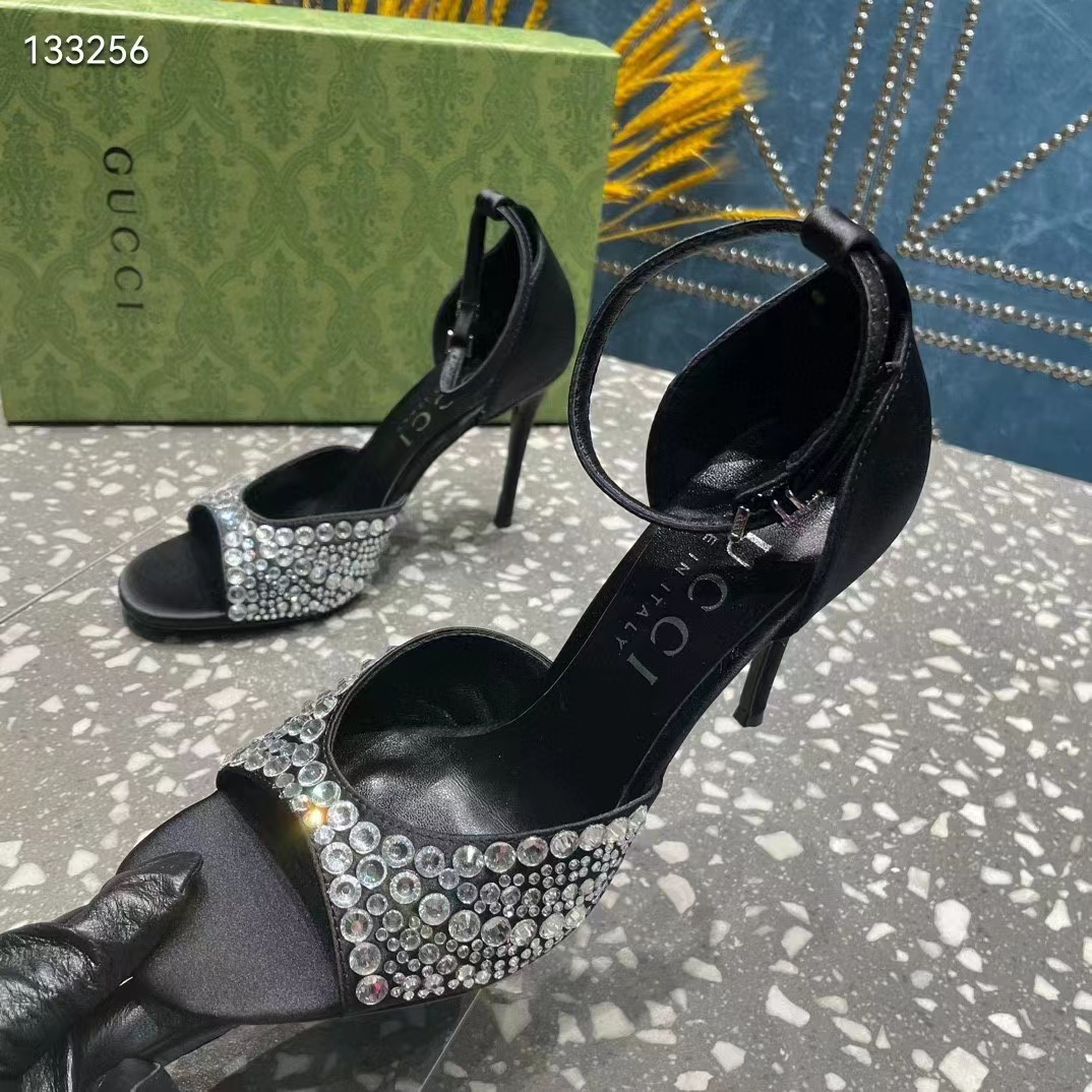 Gucci Women GG Mid-Heel Sandals Crystals Black Satin 11 CM Heel Double G (11)