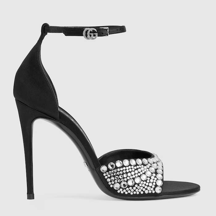 Gucci Women GG Mid-Heel Sandals Crystals Black Satin 11 CM Heel Double G