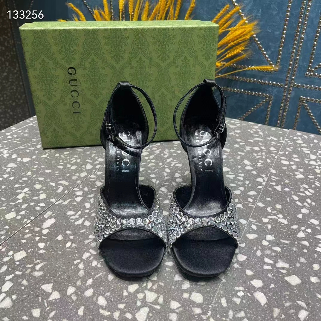 Gucci Women GG Mid-Heel Sandals Crystals Black Satin 11 CM Heel Double G (7)