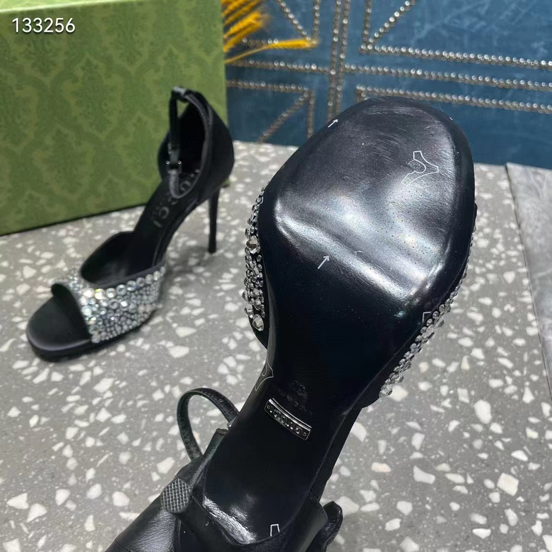 Gucci Women GG Mid-Heel Sandals Crystals Black Satin 11 CM Heel Double G (9)
