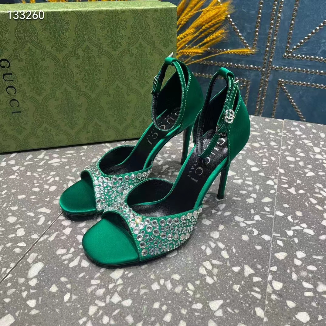 Gucci Women GG Mid-Heel Sandals Crystals Emerald Green Satin 11 CM Heel Double G (1)