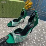Gucci Women GG Mid-Heel Sandals Crystals Emerald Green Satin 11 CM Heel Double G - Image 7