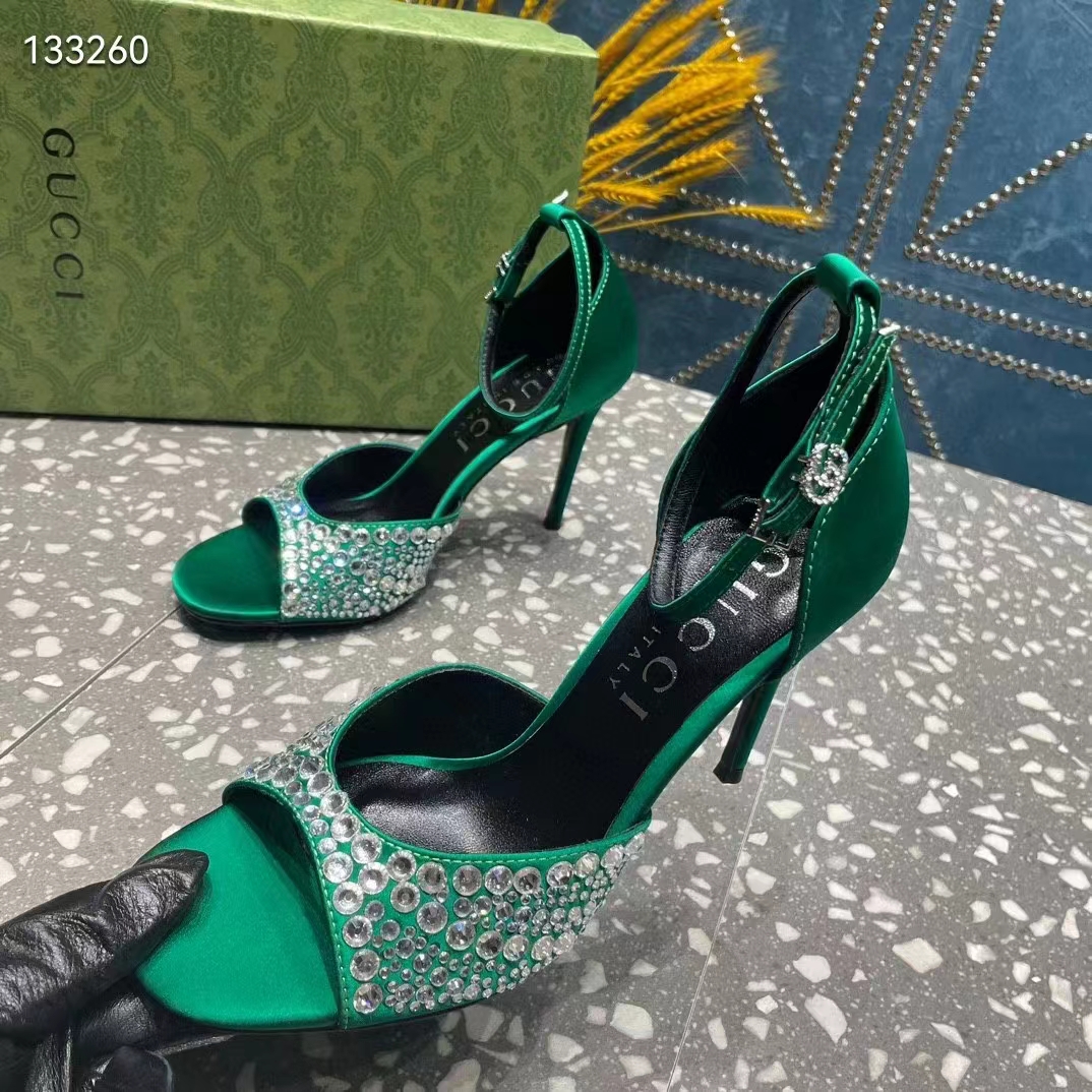 Gucci Women GG Mid-Heel Sandals Crystals Emerald Green Satin 11 CM Heel Double G (10)