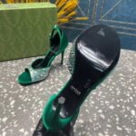 Gucci Women GG Mid-Heel Sandals Crystals Emerald Green Satin 11 CM Heel Double G - Image 9