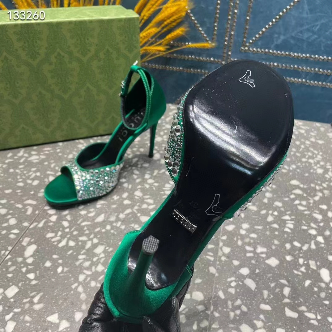 Gucci Women GG Mid-Heel Sandals Crystals Emerald Green Satin 11 CM Heel Double G (2)