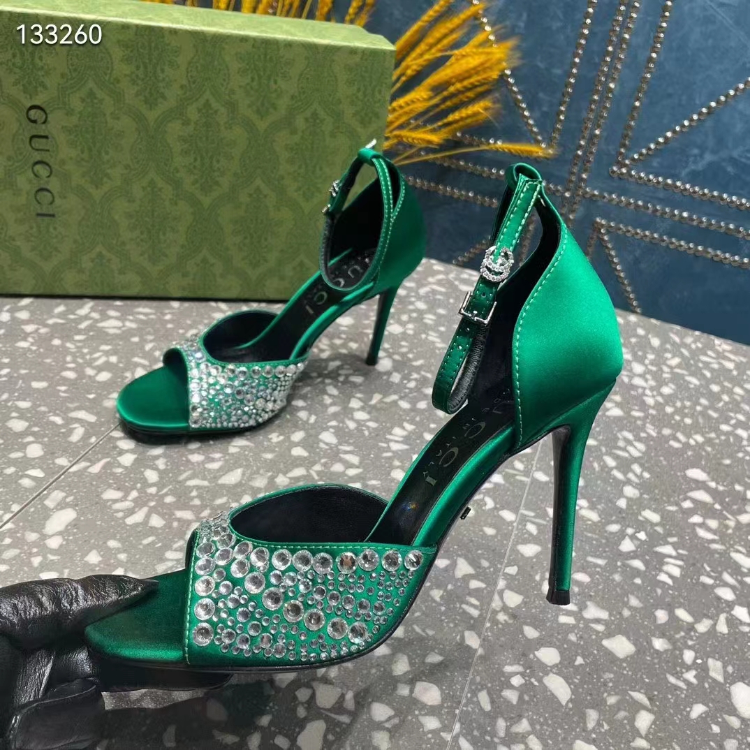 Gucci Women GG Mid-Heel Sandals Crystals Emerald Green Satin 11 CM Heel Double G (4)