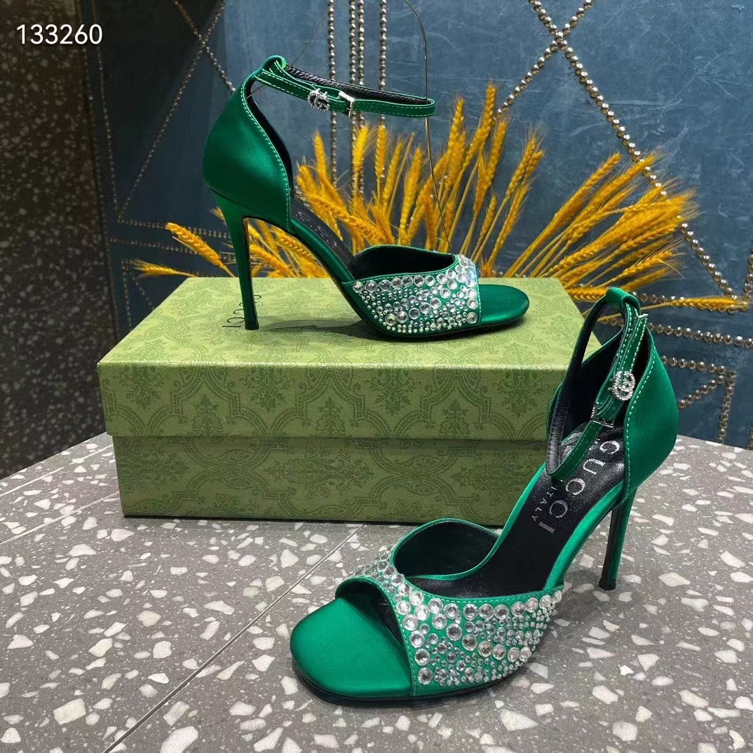 Gucci Women GG Mid-Heel Sandals Crystals Emerald Green Satin 11 CM Heel Double G (5)