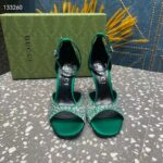 Gucci Women GG Mid-Heel Sandals Crystals Emerald Green Satin 11 CM Heel Double G - Image 5
