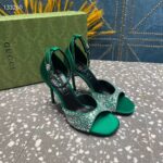 Gucci Women GG Mid-Heel Sandals Crystals Emerald Green Satin 11 CM Heel Double G - Image 4