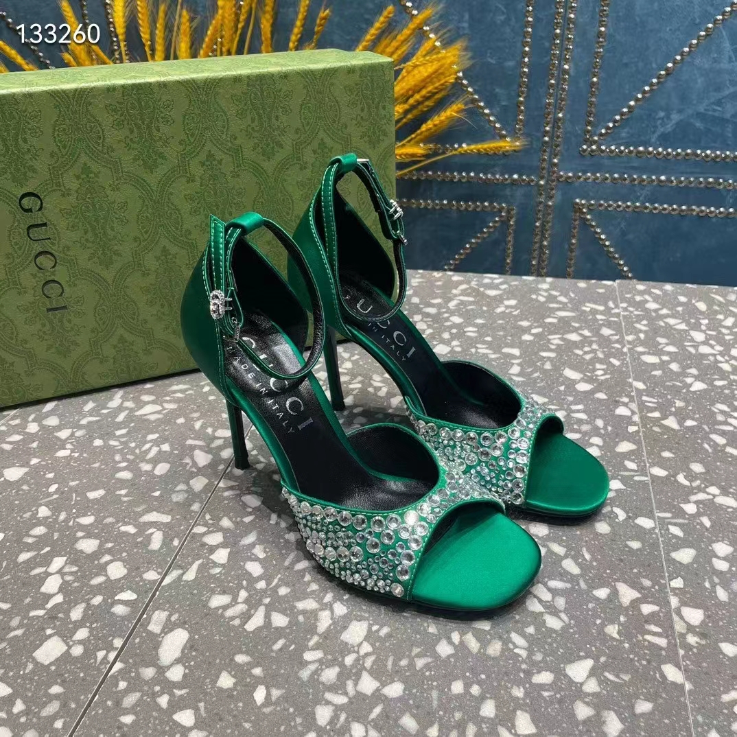 Gucci Women GG Mid-Heel Sandals Crystals Emerald Green Satin 11 CM Heel Double G (7)