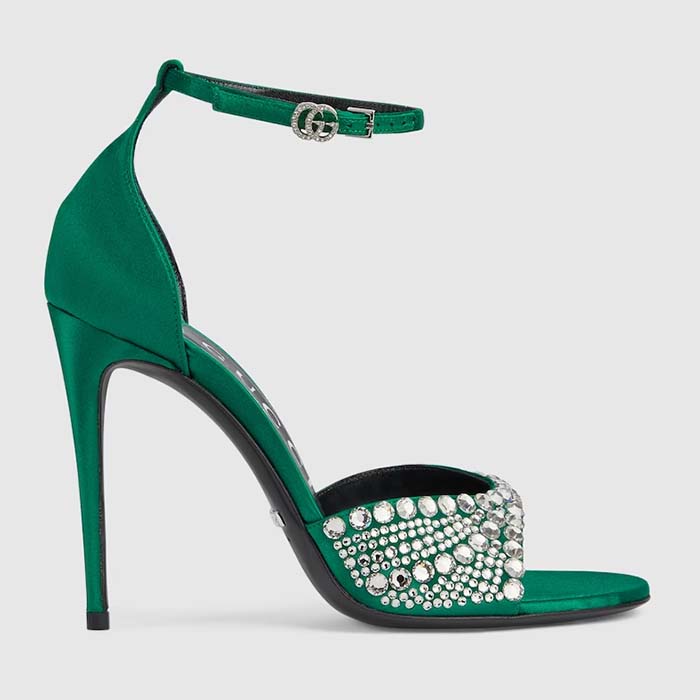 Gucci Women GG Mid-Heel Sandals Crystals Emerald Green Satin 11 CM Heel Double G