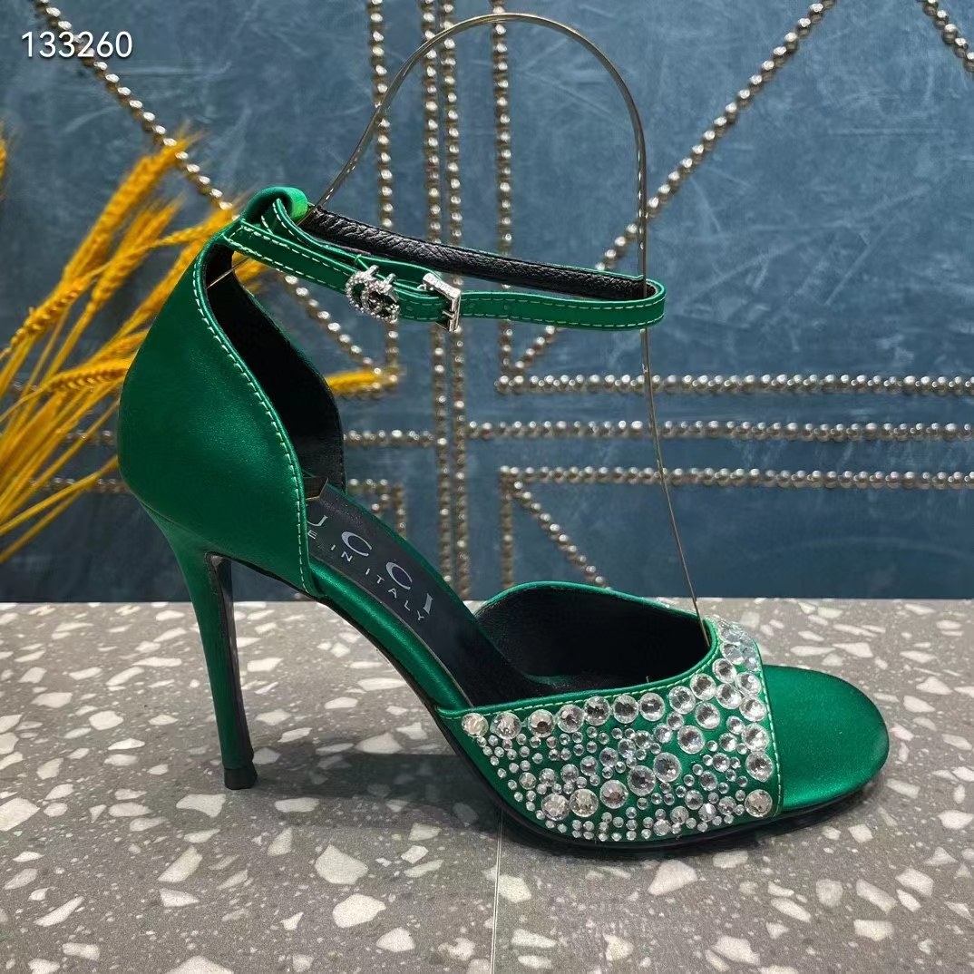 Gucci Women GG Mid-Heel Sandals Crystals Emerald Green Satin 11 CM Heel Double G (9)