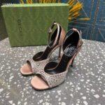 Gucci Women GG Mid-Heel Sandals Crystals Silver Satin 8 CM Heel Double G - Image 7