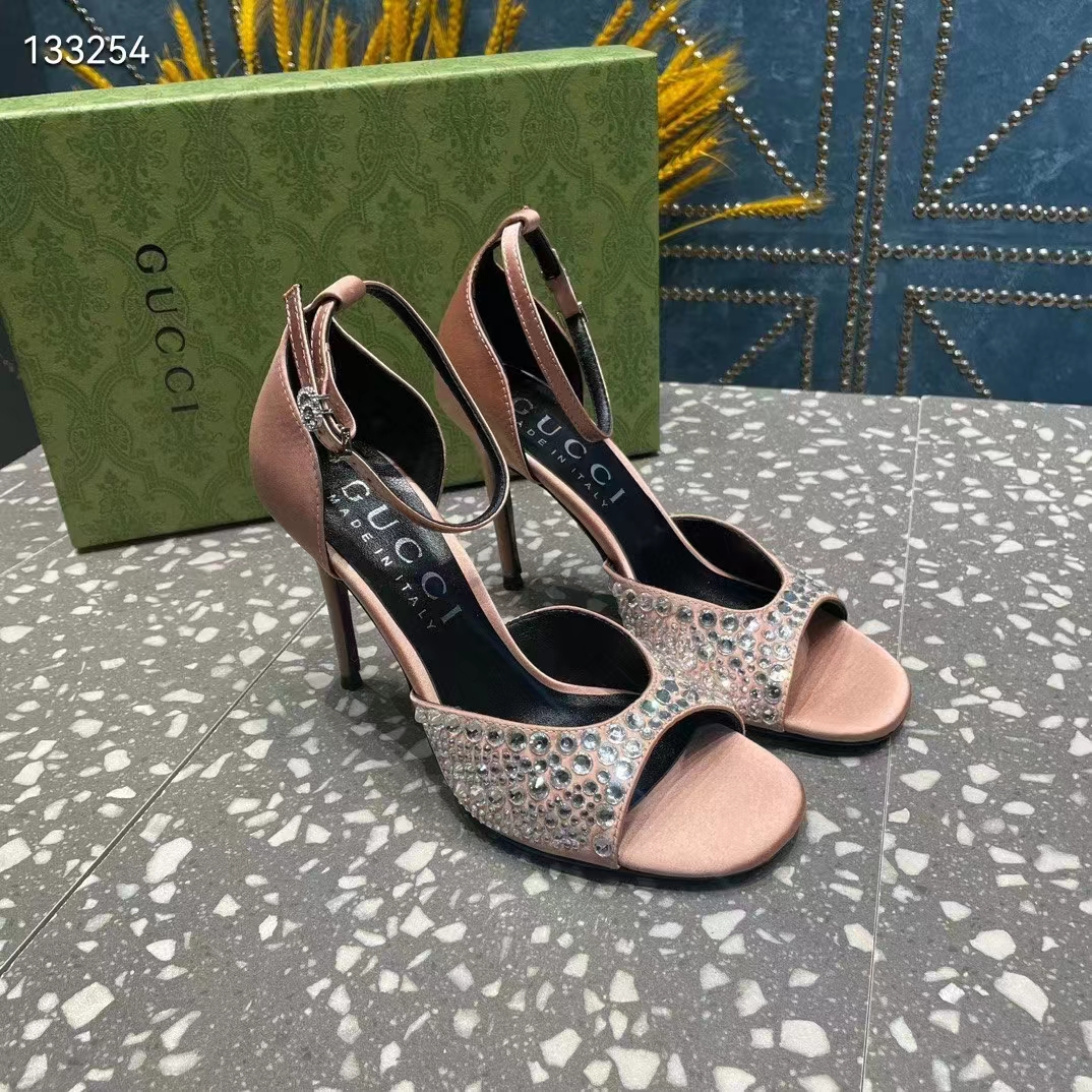 Gucci Women GG Mid-Heel Sandals Crystals Silver Satin 8 CM Heel Double G