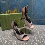 Gucci Women GG Mid-Heel Sandals Crystals Silver Satin 8 CM Heel Double G - Image 5