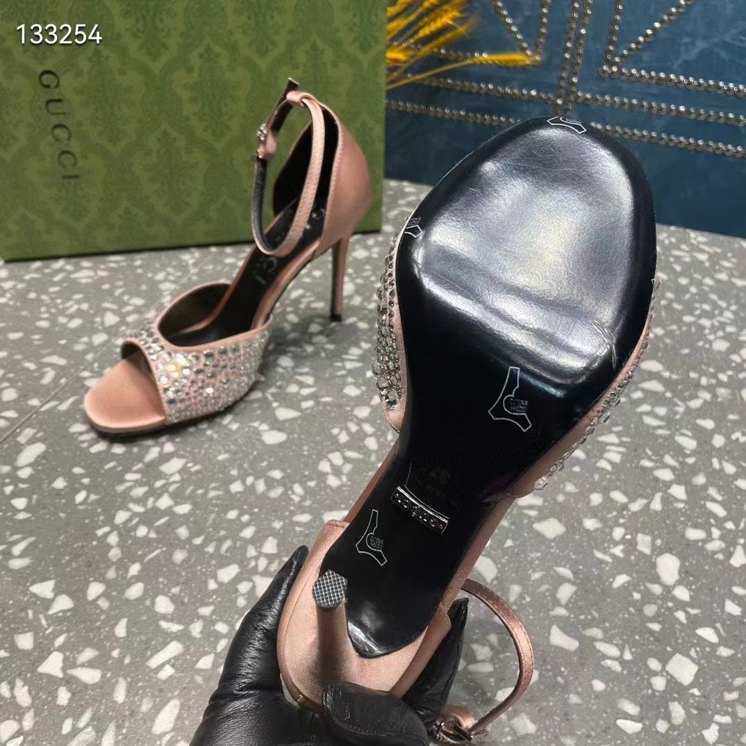 Gucci Women GG Mid-Heel Sandals Crystals Silver Satin 8 CM Heel Double G (5)
