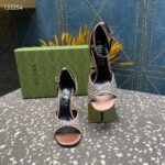 Gucci Women GG Mid-Heel Sandals Crystals Silver Satin 8 CM Heel Double G - Image 4