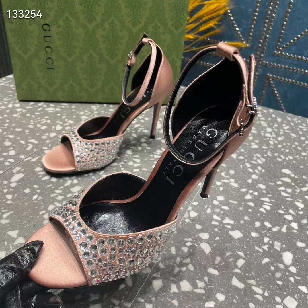 Gucci Women GG Mid-Heel Sandals Crystals Silver Satin 8 CM Heel Double G (7)