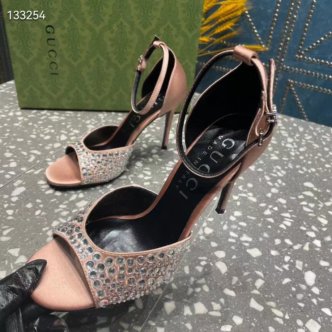 Gucci Women GG Mid-Heel Sandals Crystals Silver Satin 8 CM Heel Double G