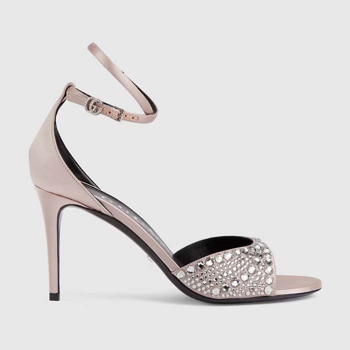 Gucci Women GG Mid-Heel Sandals Crystals Silver Satin 8 CM Heel Double G
