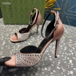 Gucci Women GG Mid-Heel Sandals Crystals Silver Satin 8 CM Heel Double G - Image 9