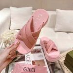 Gucci Women GG Platform Slide Sandal Light Pink Nylon Rubber Mid 6.4 CM Heel - Image 6