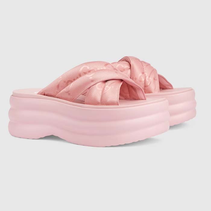 Gucci Women GG Platform Slide Sandal Light Pink Nylon Rubber Mid 6.4 CM Heel