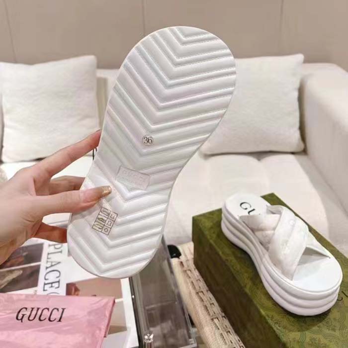 Gucci Women GG Platform Slide Sandal White Nylon Rubber Mid 6.4 CM Heel (1)