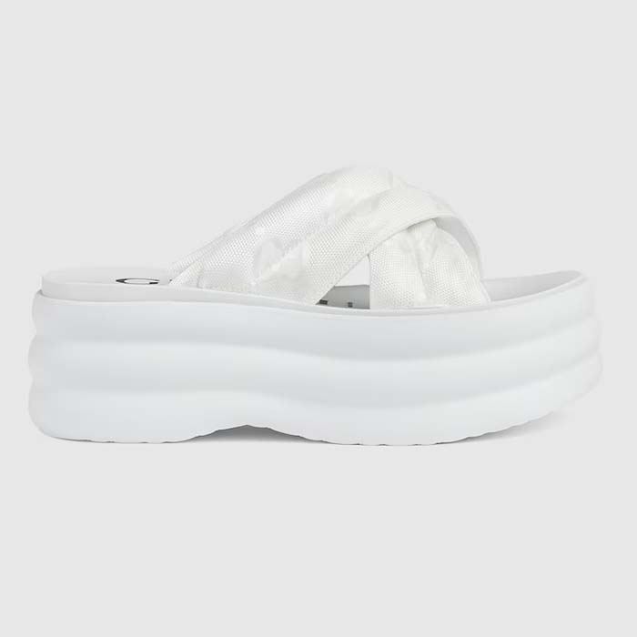 Gucci Women GG Platform Slide Sandal White Nylon Rubber Mid 6.4 CM Heel