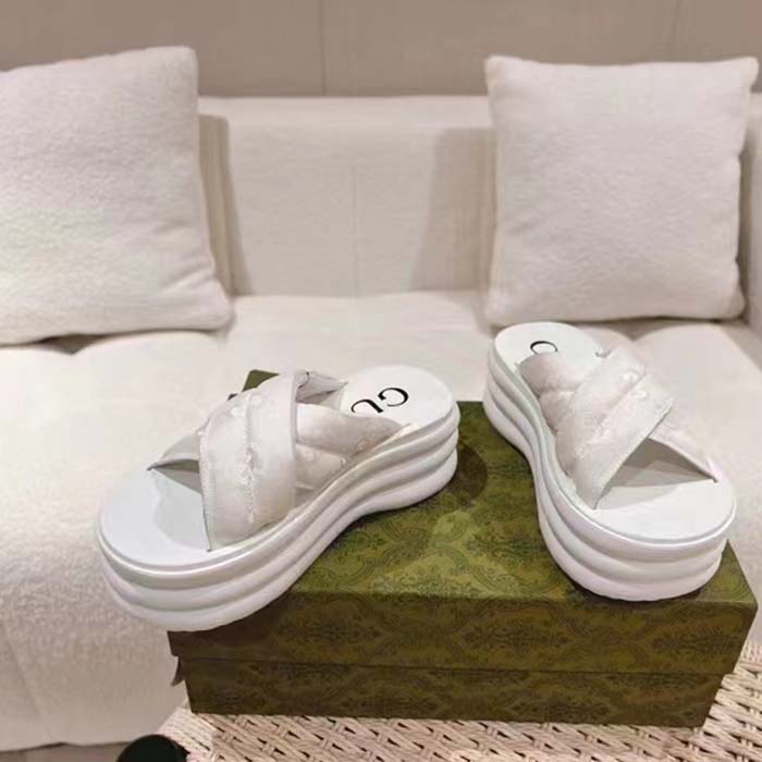 Gucci Women GG Platform Slide Sandal White Nylon Rubber Mid 6.4 CM Heel (6)