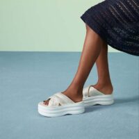 Gucci Women GG Platform Slide Sandal White Nylon Rubber Mid 6.4 CM Heel (3)