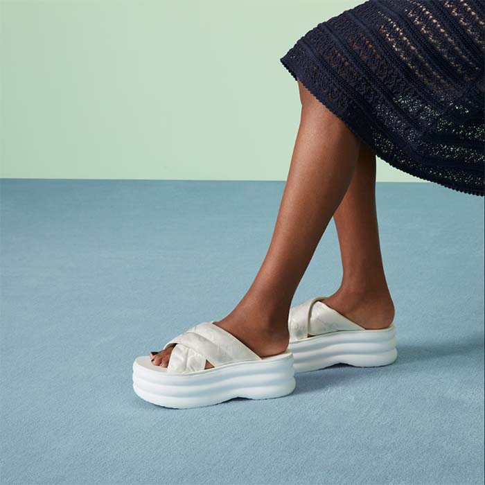 Gucci Women GG Platform Slide Sandal White Nylon Rubber Mid 6.4 CM Heel (7)