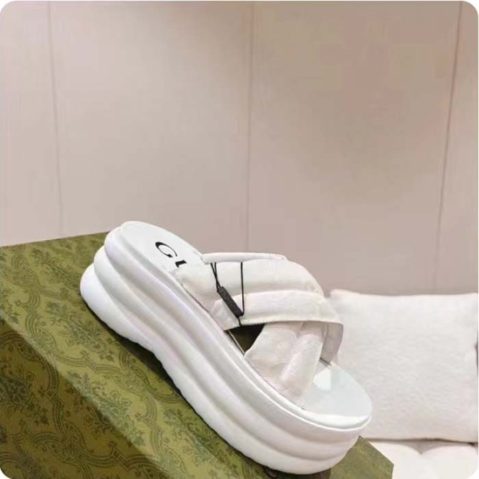 Gucci Women GG Platform Slide Sandal White Nylon Rubber Mid 6.4 CM Heel (8)
