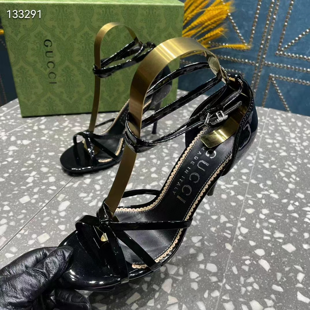 Gucci Women GG Strappy Sandal Double G Black Patent Leather Crystal High 11 CM Heel (1)