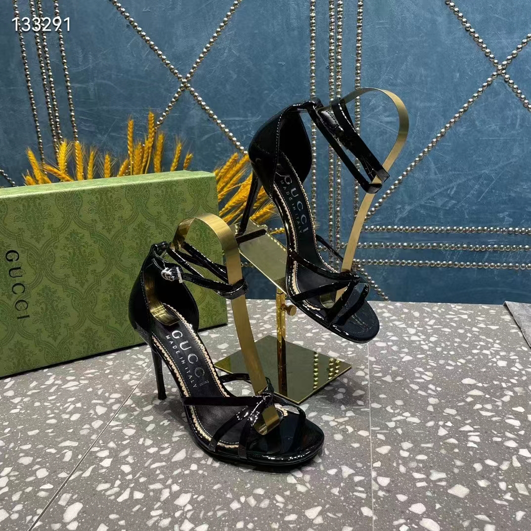 Gucci Women GG Strappy Sandal Double G Black Patent Leather Crystal High 11 CM Heel (10)
